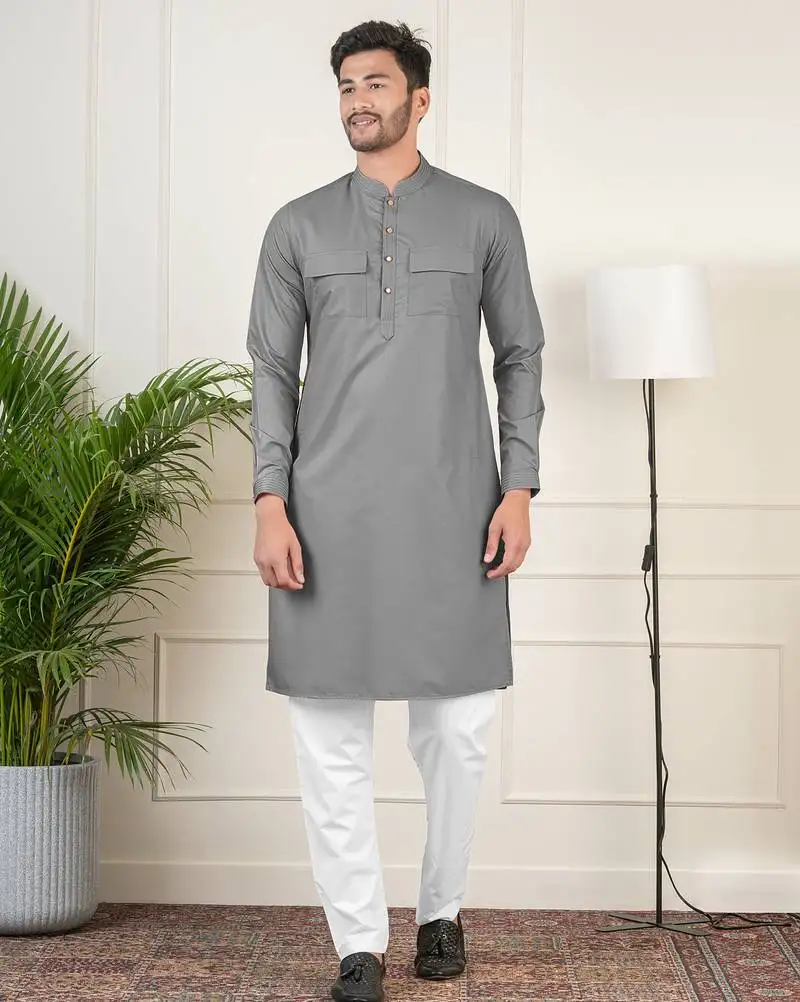 Grey cotton pathani kurta set with patch pocket