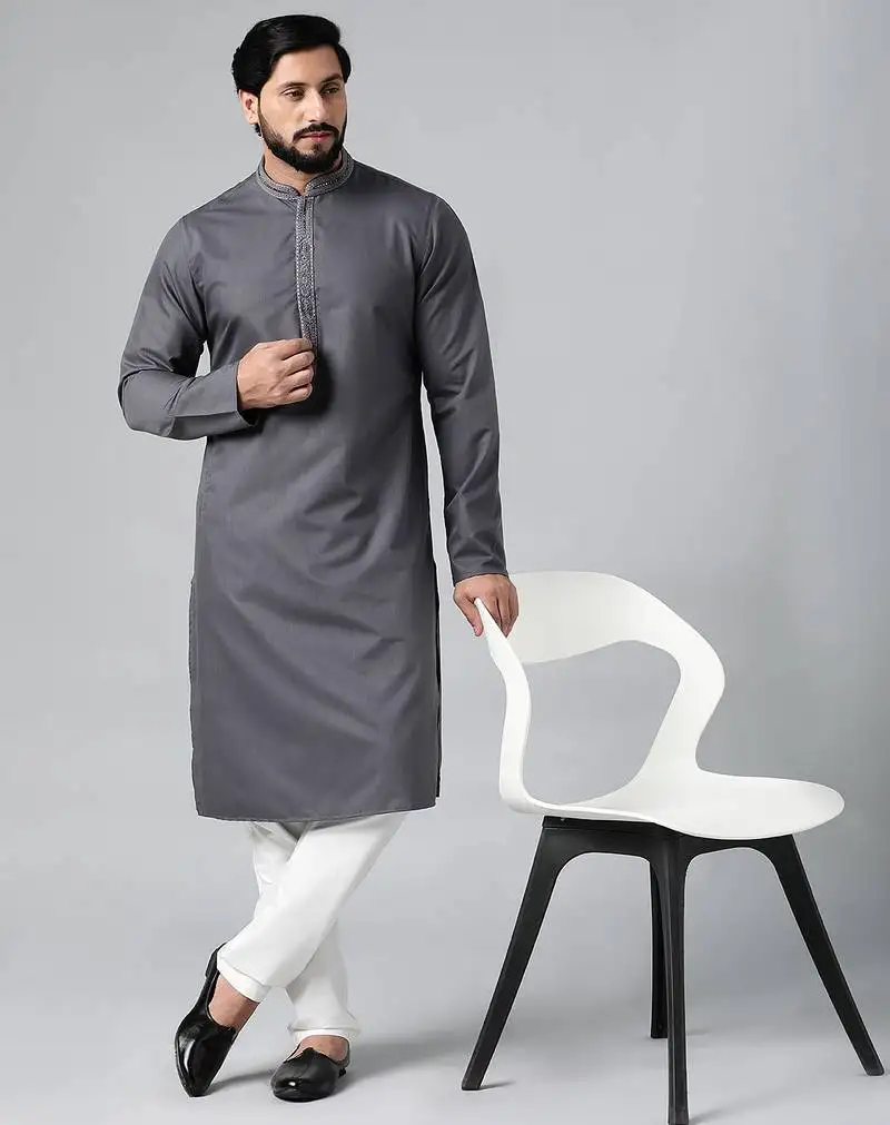 Grey cotton dori embroidered kurta set