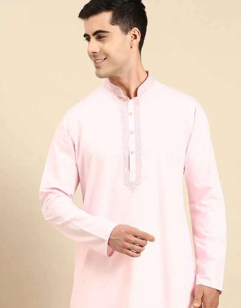 Baby pink cotton dori embroidered kurta set