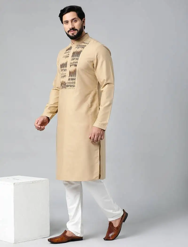 Beige cotton shell tucks embroidered cotton kurta set