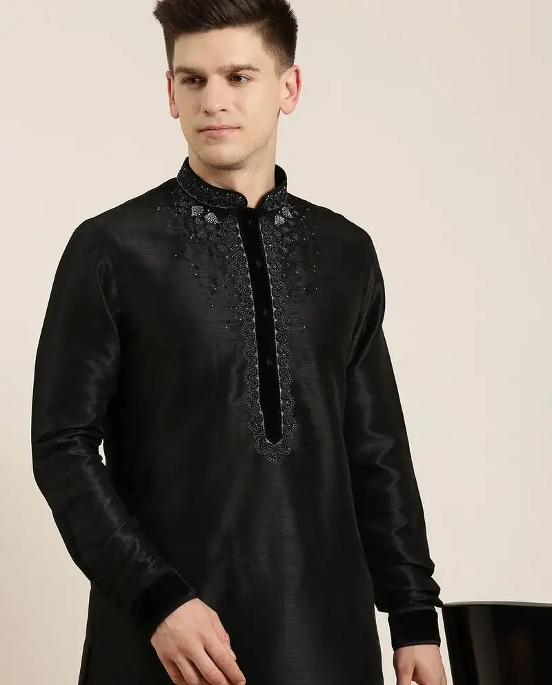 Black art silk embroidered kurta set