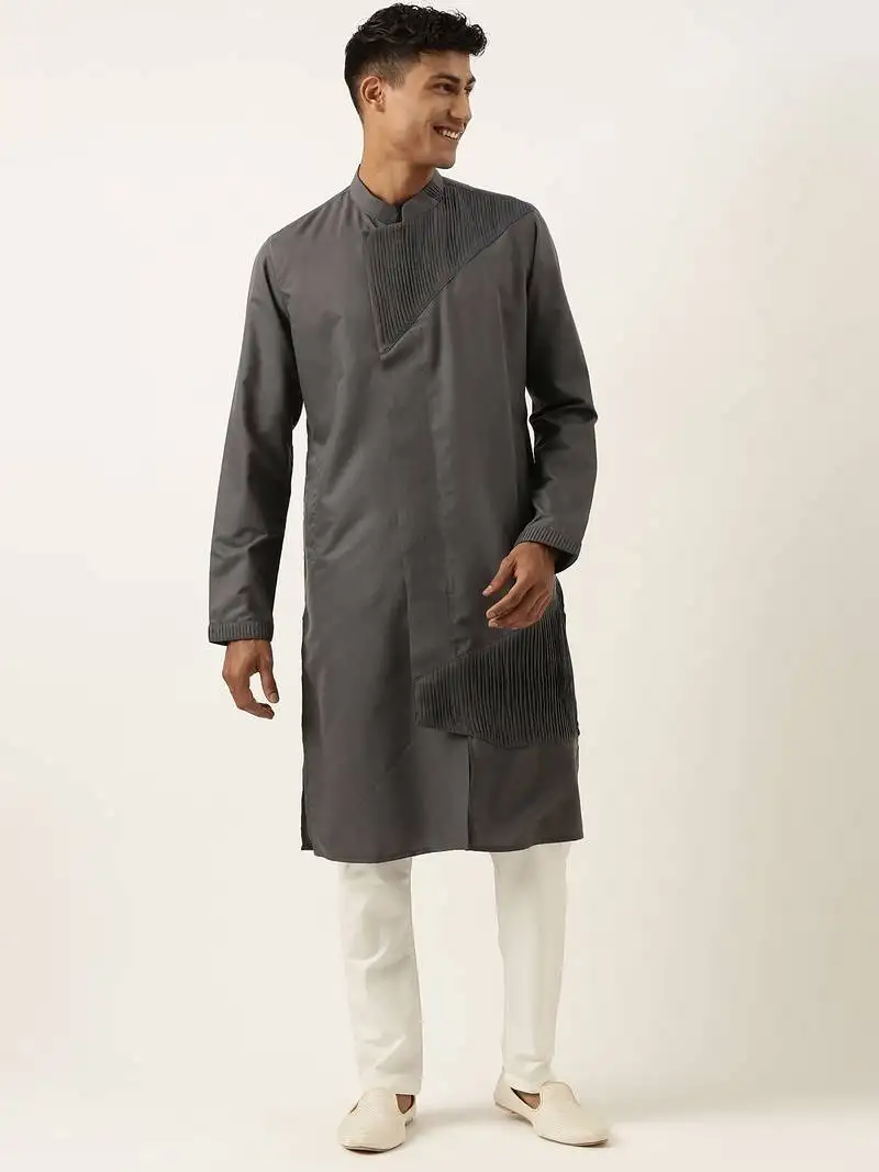 Grey pleated cotton kurta set