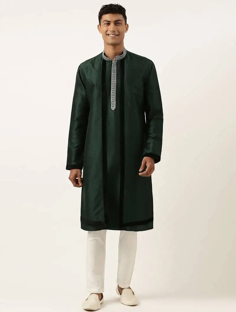 Green embroidered layered kurta set