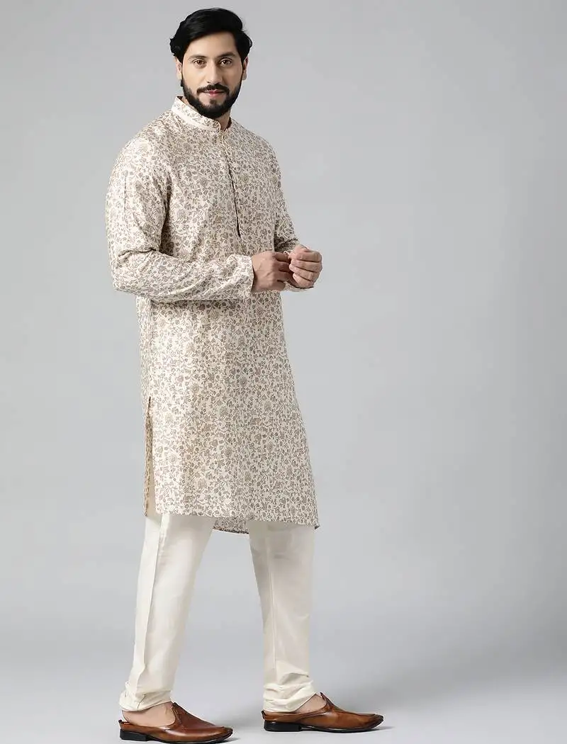 Cream block printed kurta set
