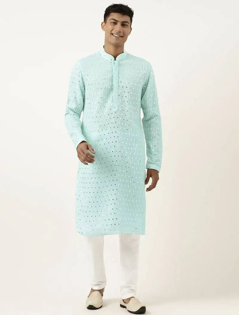 Aqua blue mirror embroidered gerogette kurta set