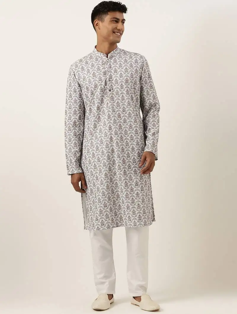 White chikankari printed kurta set