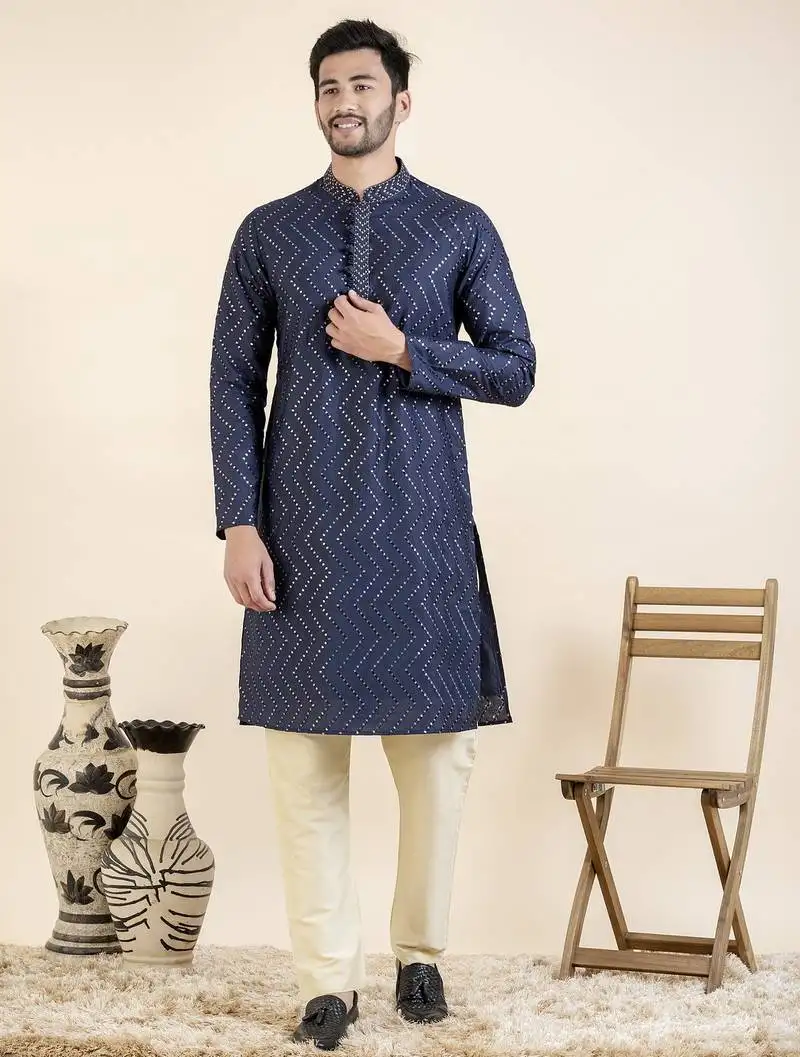 Navy zigzag embroidered kurta set