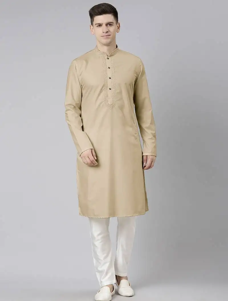 Beige cotton dori embroidery kurta set