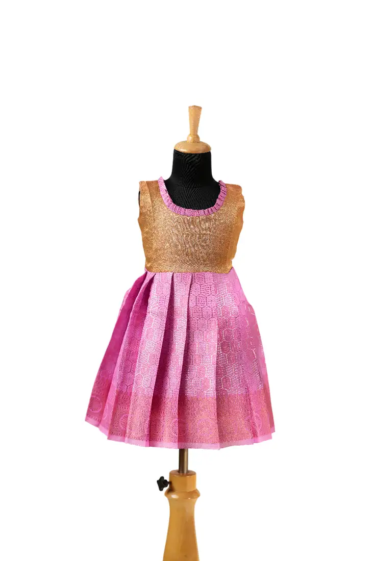 Pink silver honey comb baby pattu pavadai frocks