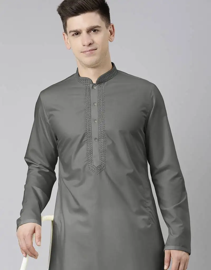 Grey cotton dori embroidery kurta set