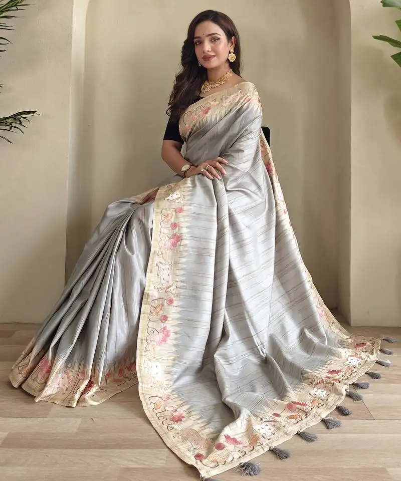 Grey tussar saree with pichwai style embroidery