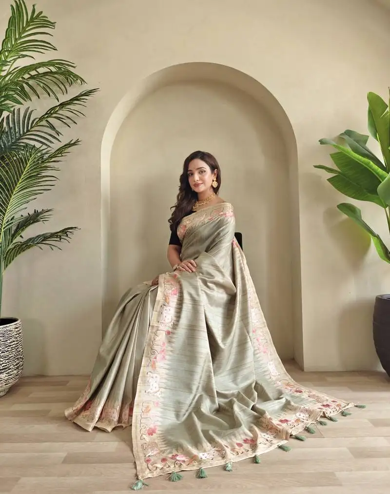 Pear tussar saree with pichwai style embroidery