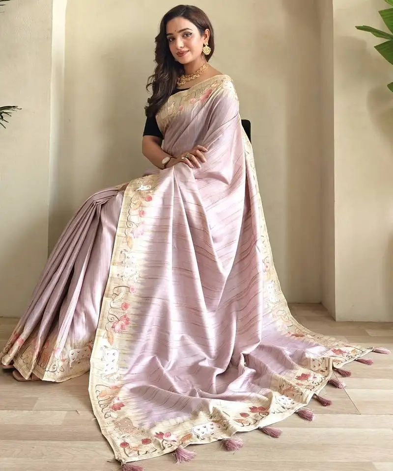 Lavender tussar saree with pichwai style embroidery