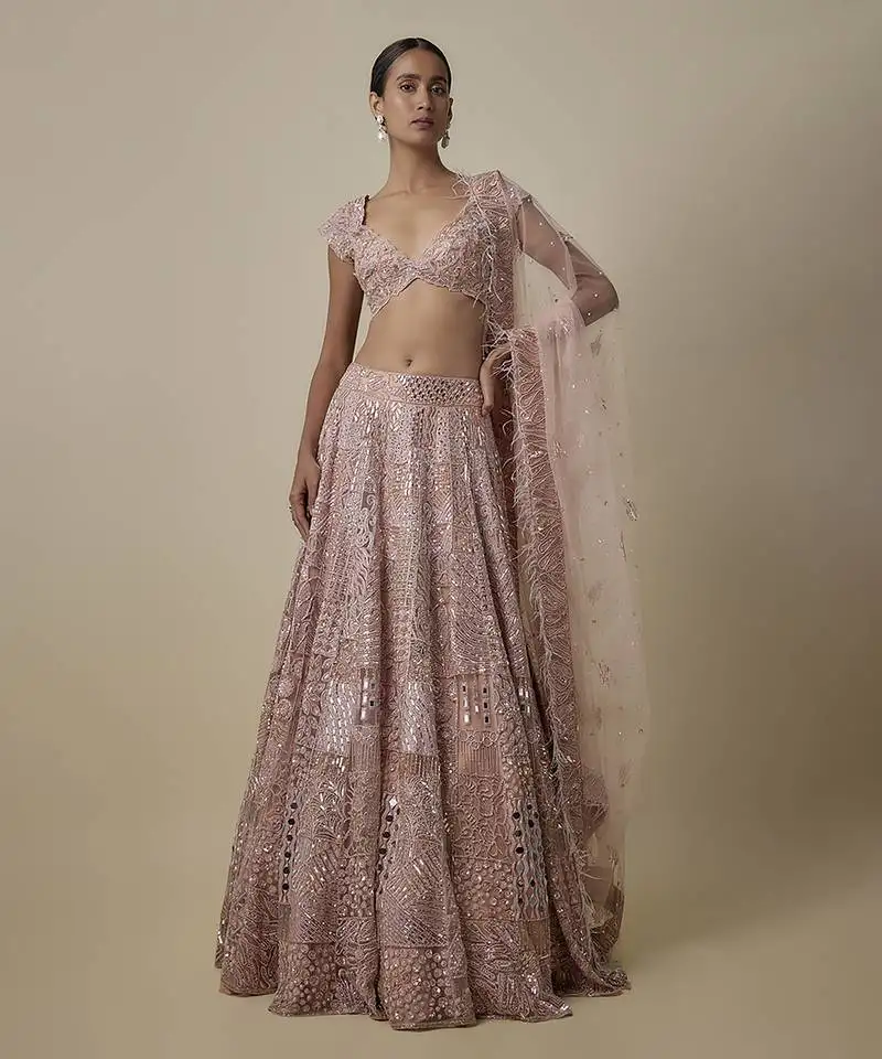 Pink embroidered satin lehenga