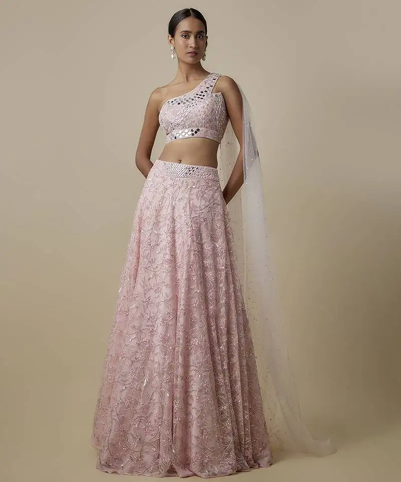 Pink embroidered satin lehenga with blouse