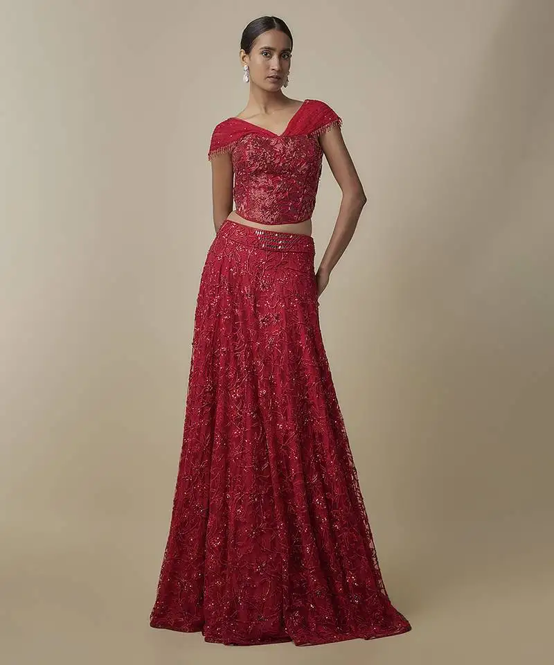 Red embroidered satin lehenga with blouse