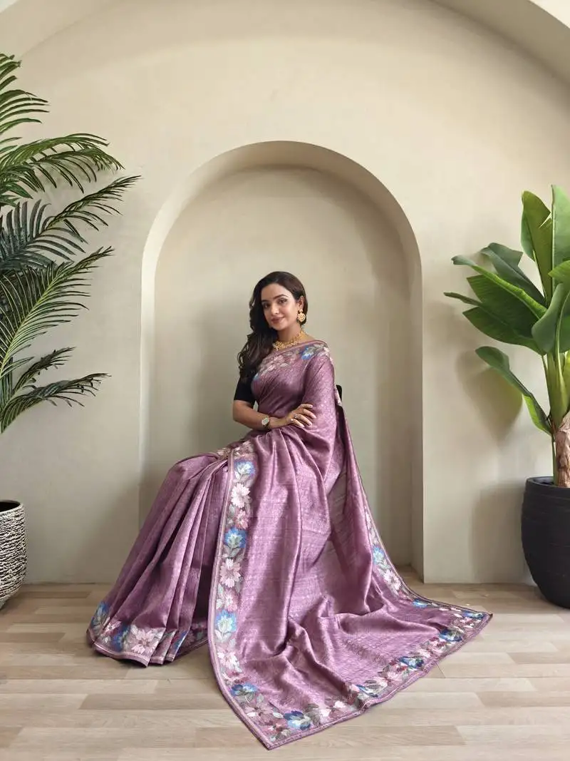 Onion pink tussar saree with contrast embroidery