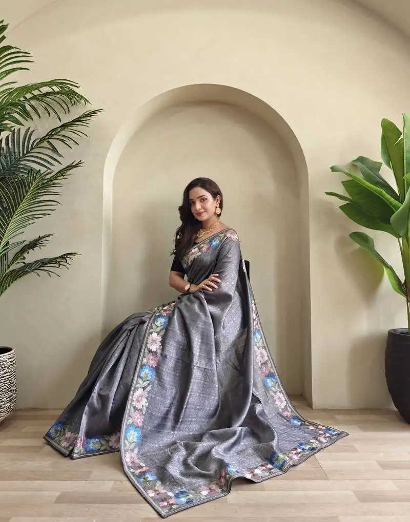 Grey tussar saree with contrast embroidery