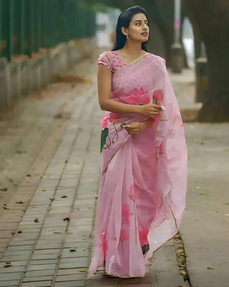 Pink leaf digital printed linen cotton saree