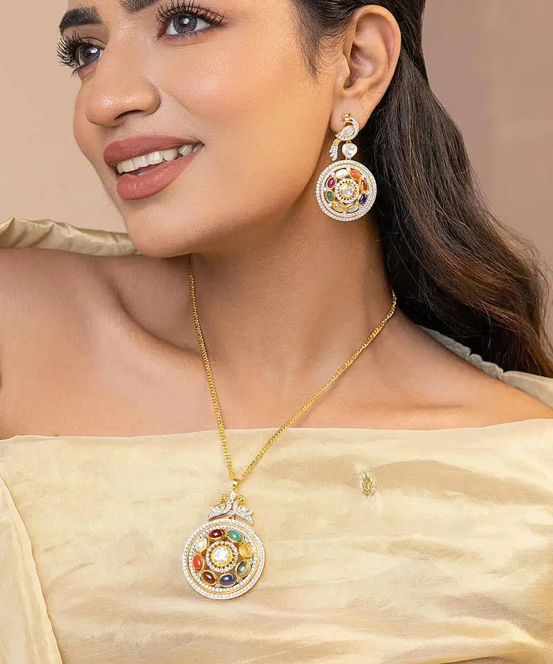 Yellow gold plated navratna pendant