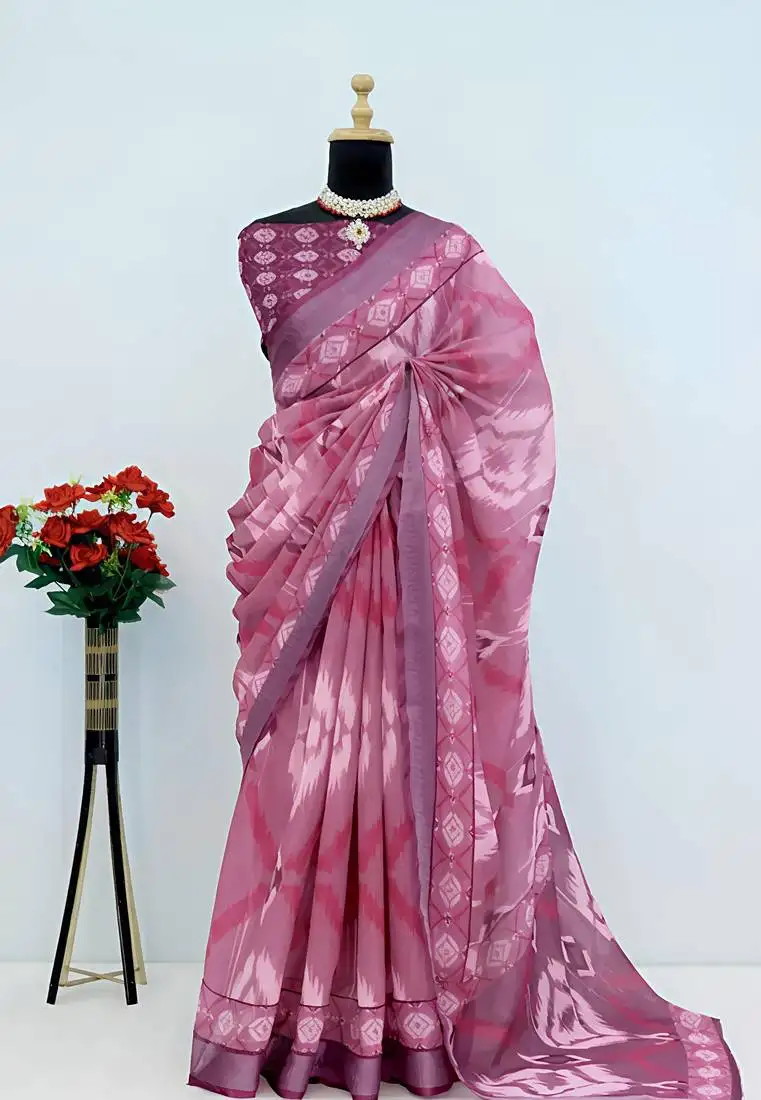 Burgundy leaf digital printed linen cotton saree