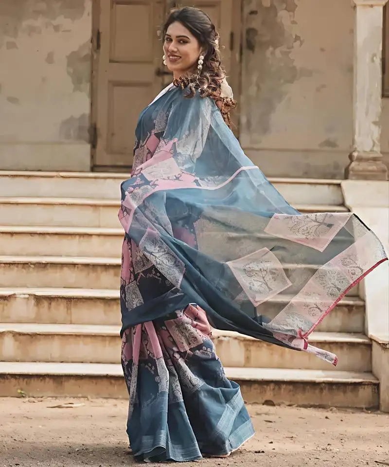 Grey leaf digital printed linen cotton saree