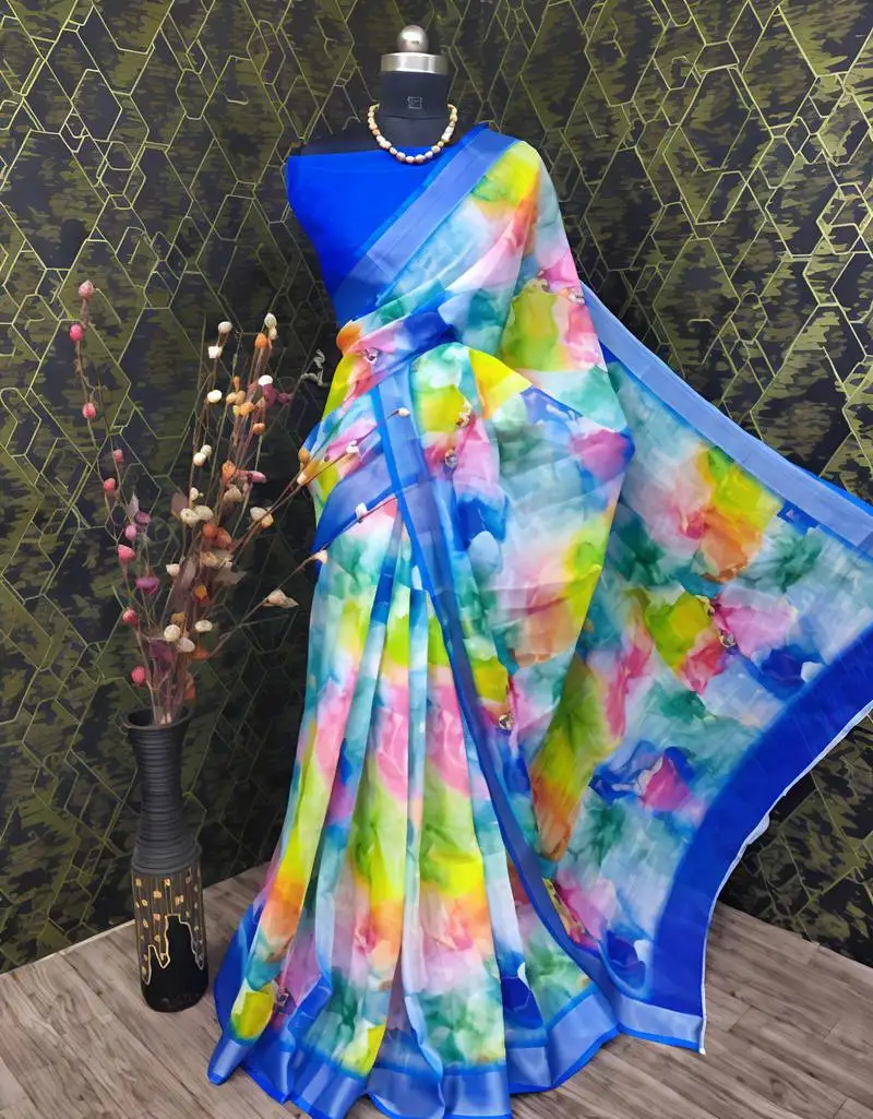Multicolor leaf digital printed linen cotton saree