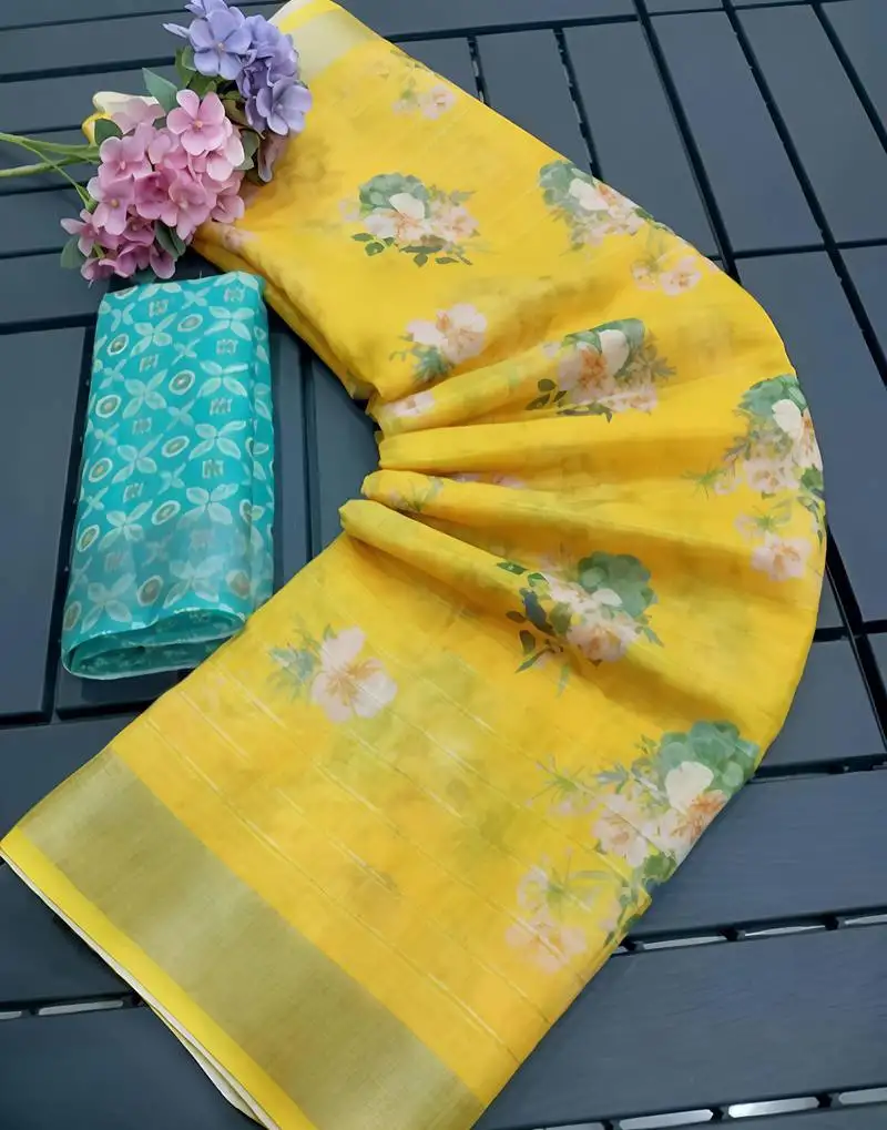 Yellow leaf digital printed linen cotton saree