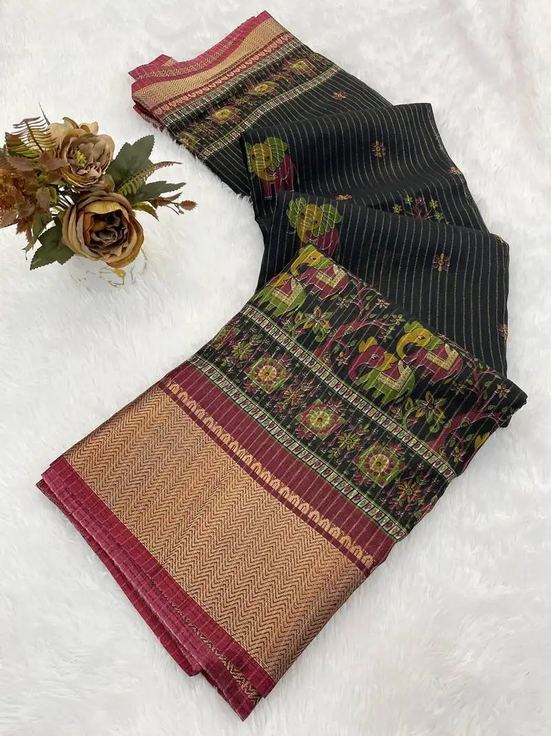 Black wovan ikat art silk saree with blouse