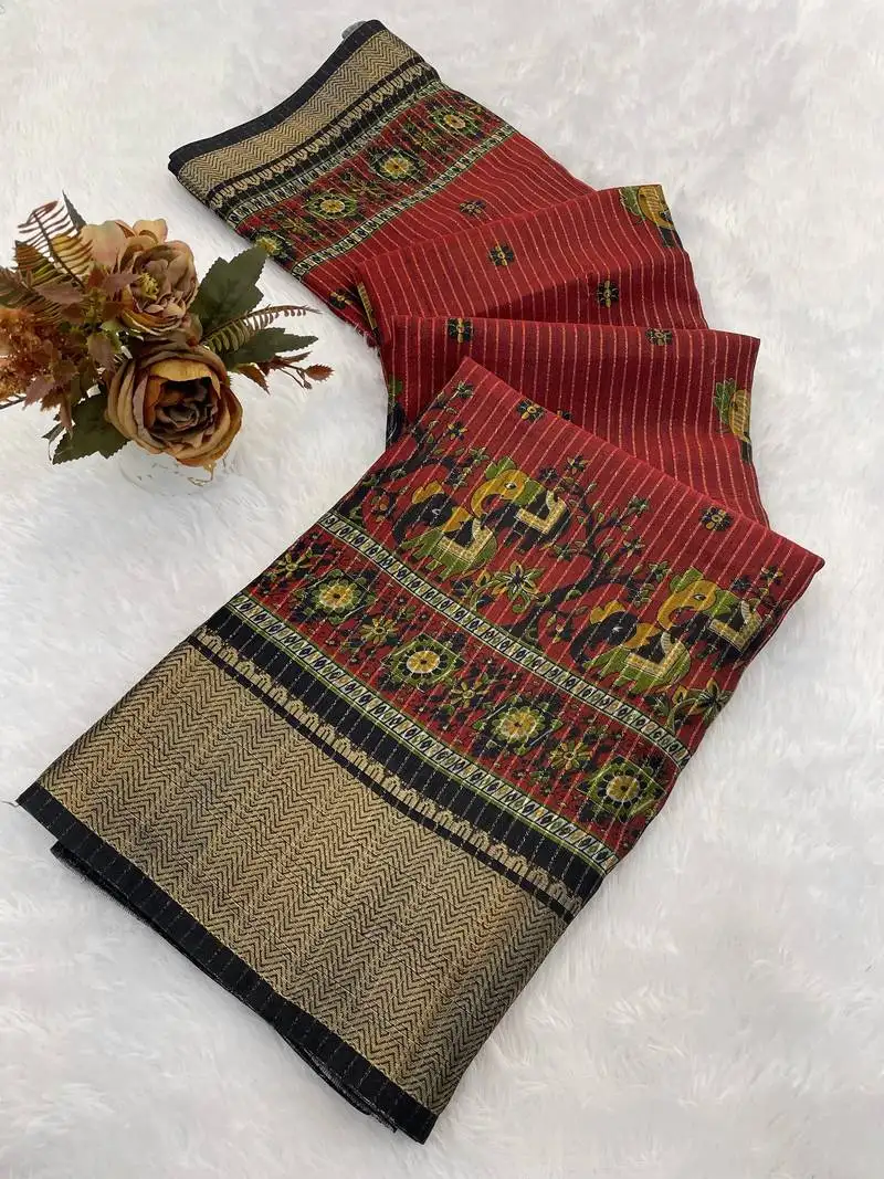 Red wovan ikat art silk saree with blouse