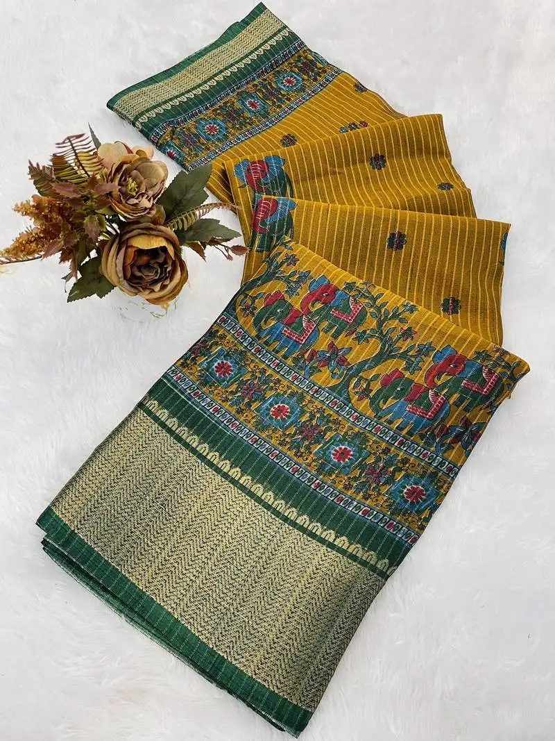 Yellow woven ikat art silk saree with blouse