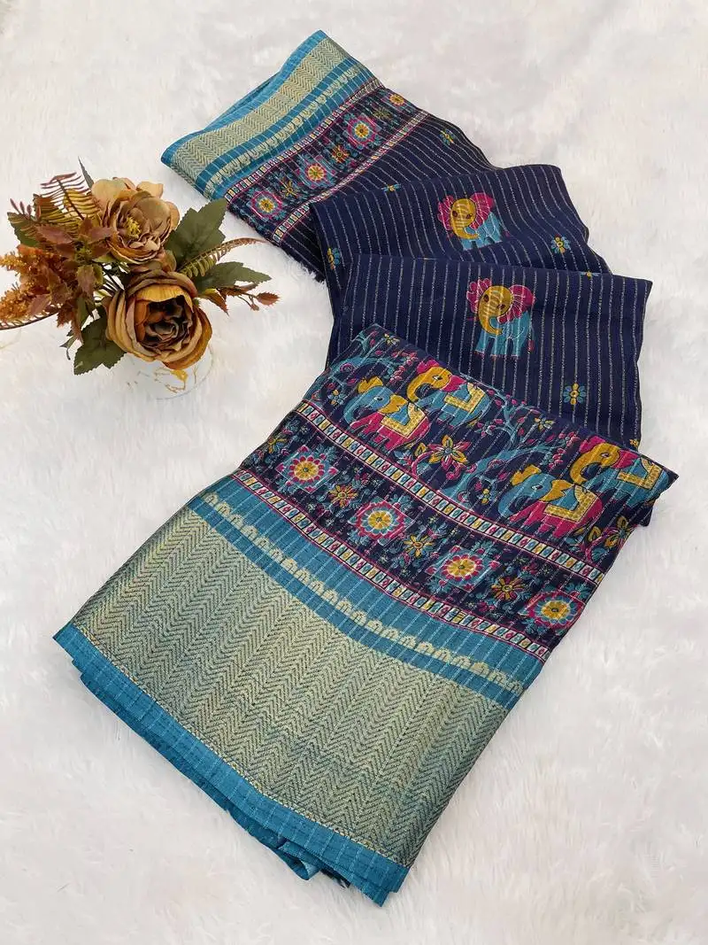 Navy blue wovan ikat art silk saree with blouse