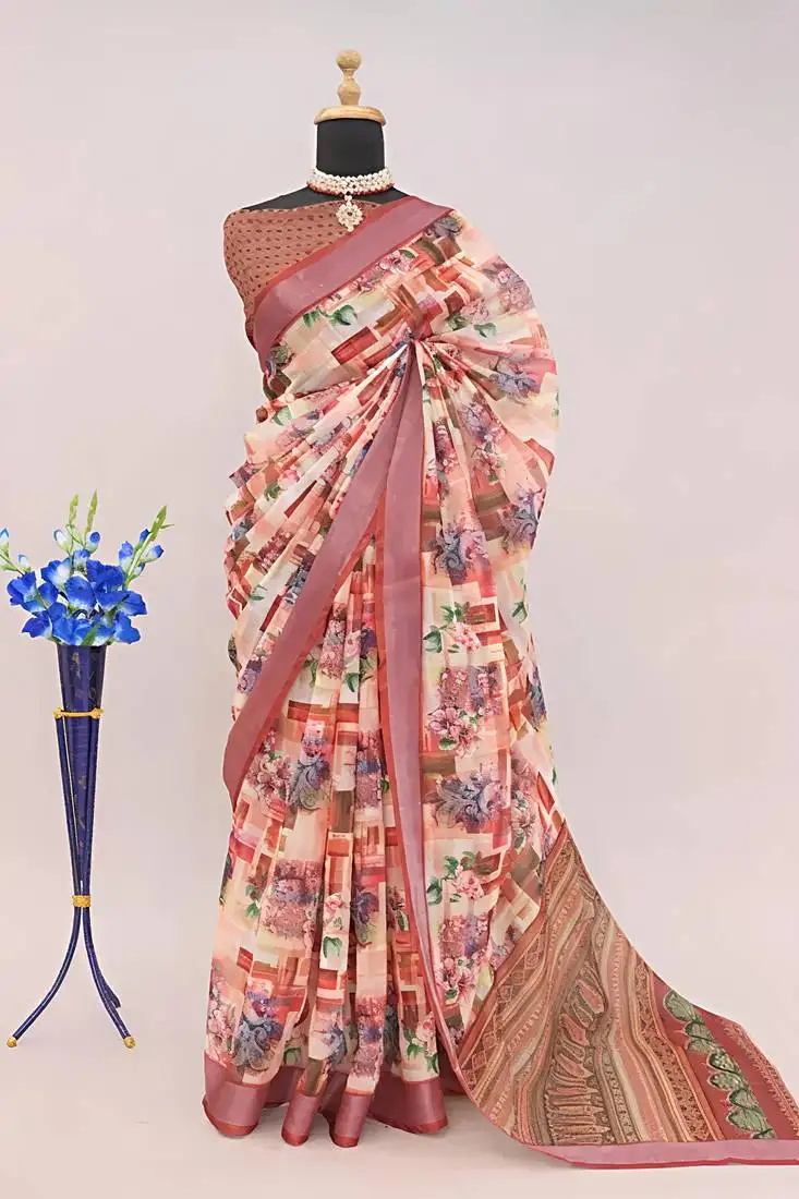 Multicolor colour leaf digital printed linen cotton saree