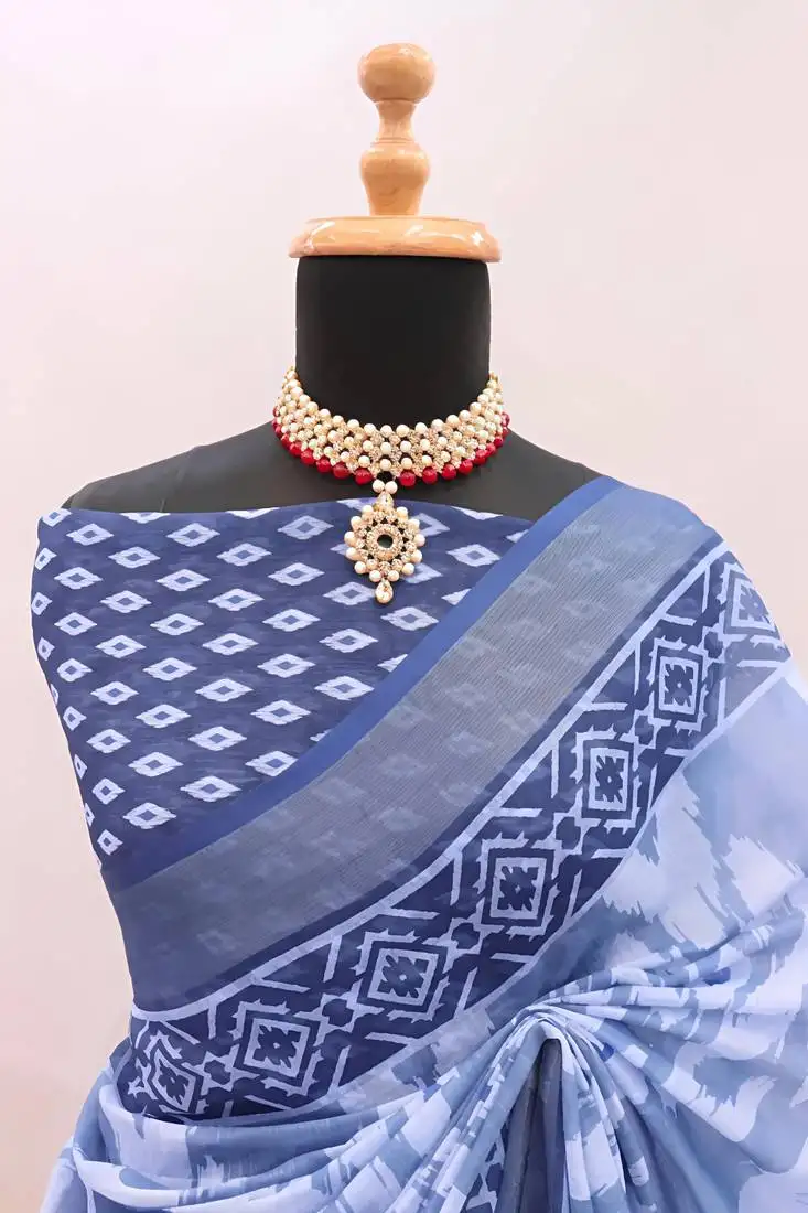 Blue leaf digital printed linen cotton saree