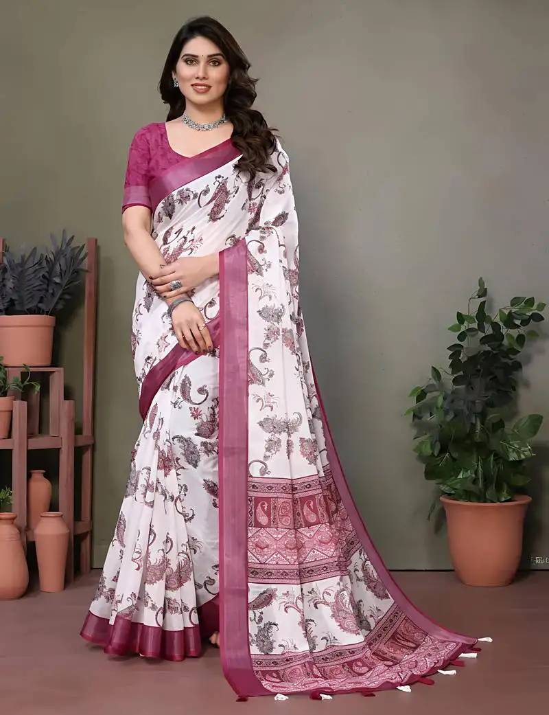 White leaf digital printed linen cotton saree with jhalar