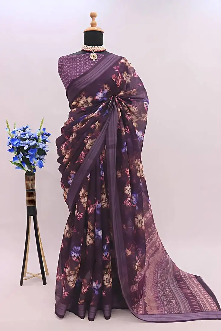 Purple leaf digital printed linen cotton saree