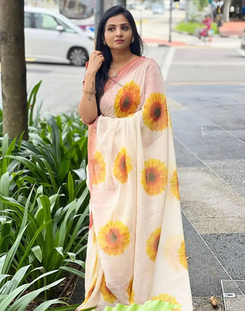 Cream leaf digital printed linen cotton saree