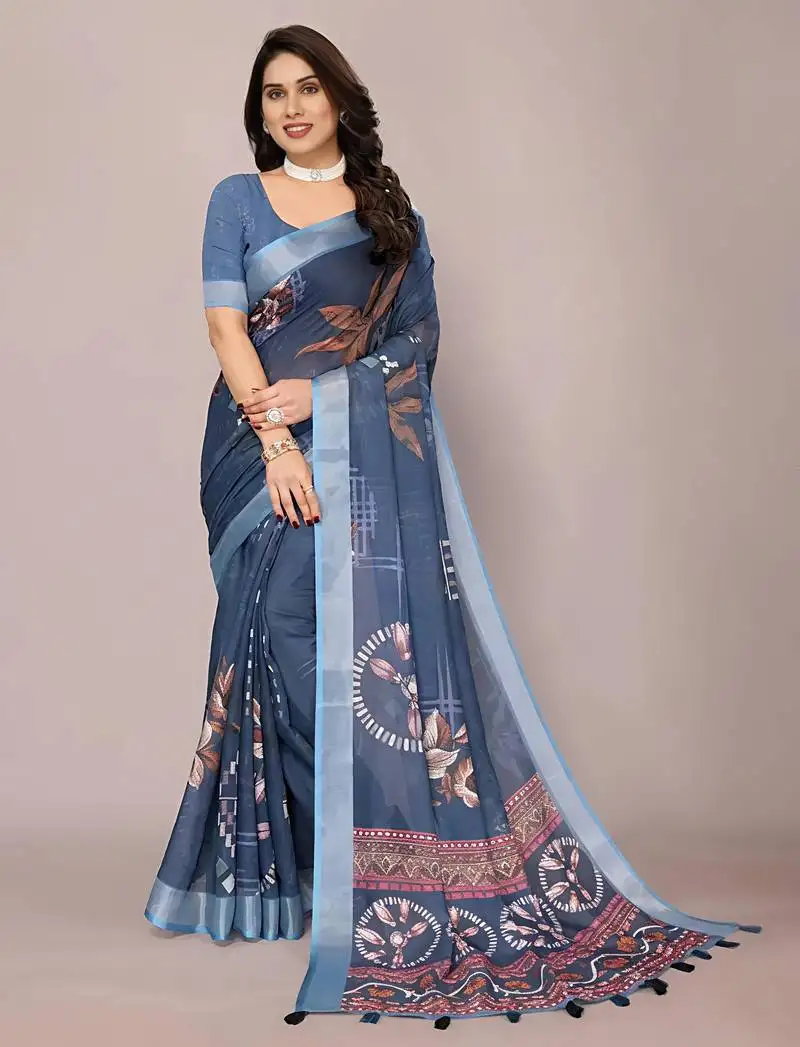 Grey leaf digital printed linen cotton saree with jhalar