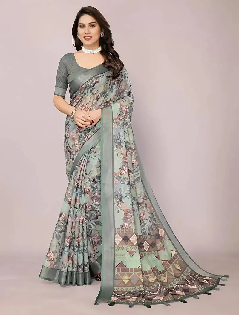 Multicolor colour leaf digital printed linen cotton saree with jhalar