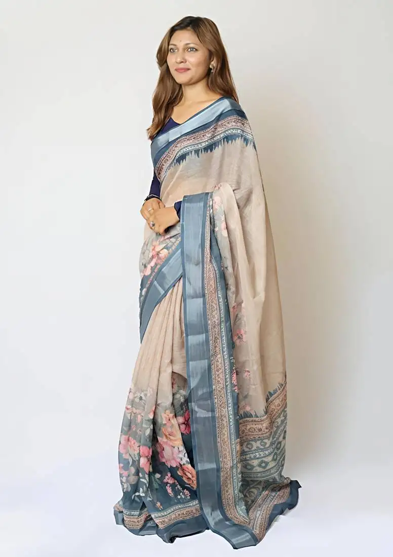 Chiku leaf digital printed linen cotton saree