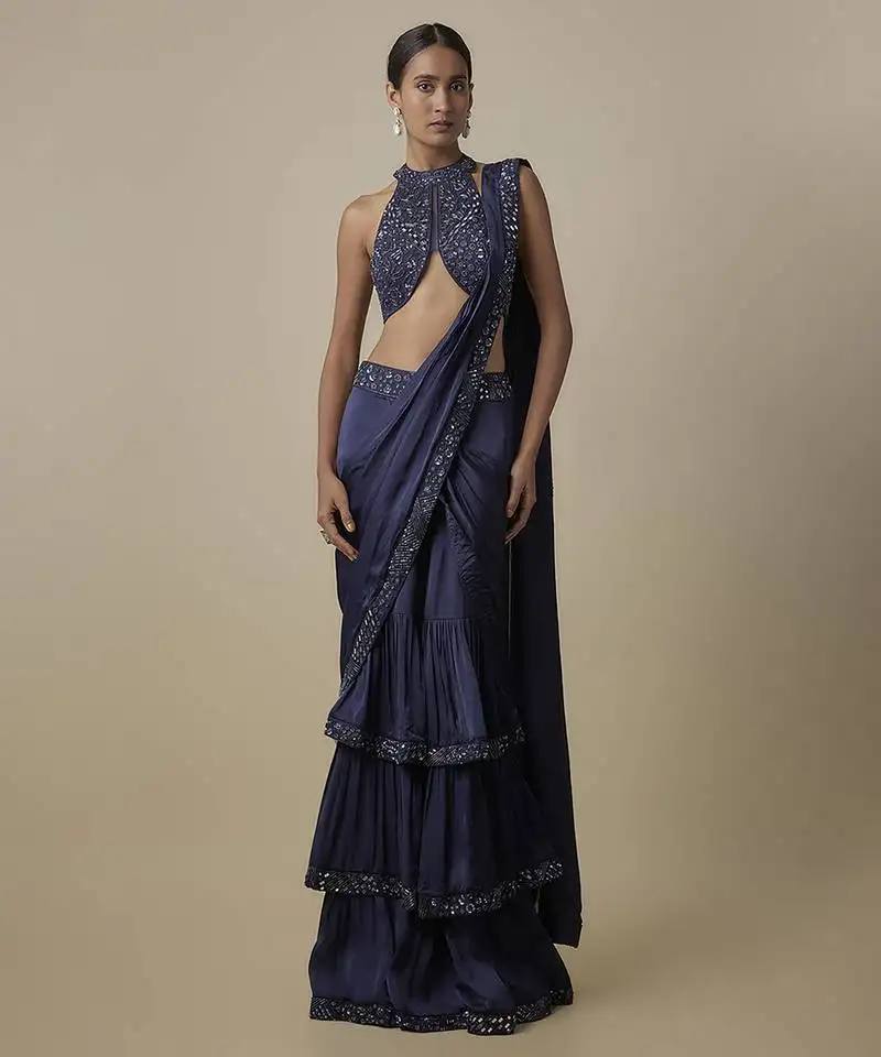 Blue satin drape embroidered saree