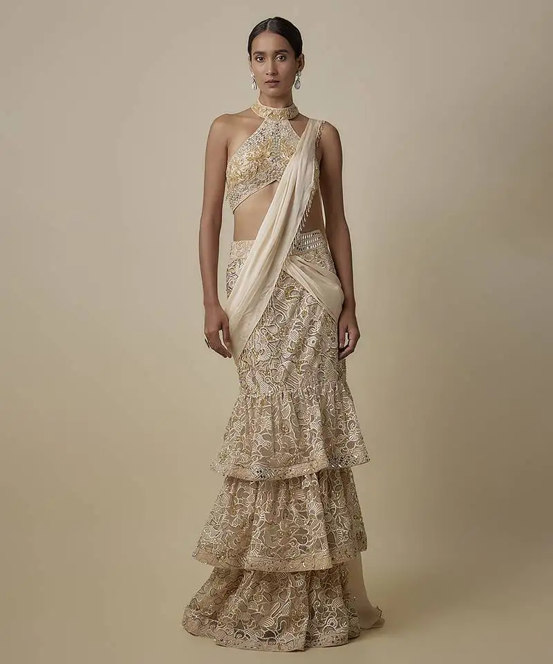 Beige satin embroidered saree
