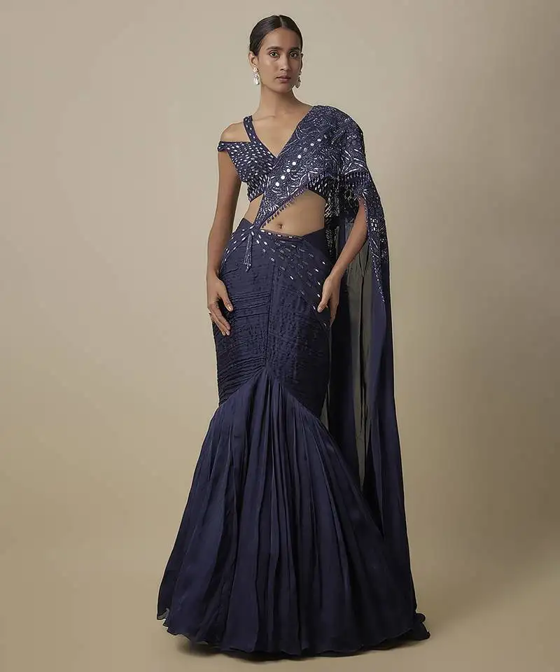 Blue satin plain saree