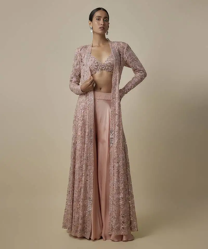 Gold satin plain pant with embroidered blouse and cape