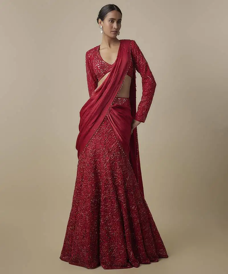 Red satin drape embroidered saree