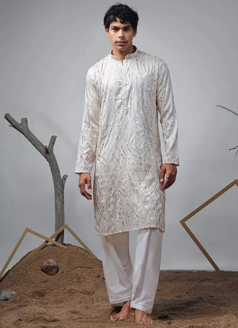 Off white work viscose embroidered kurta for festive