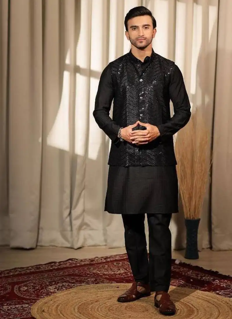 Black work viscose embroidered nehru jacket for festive