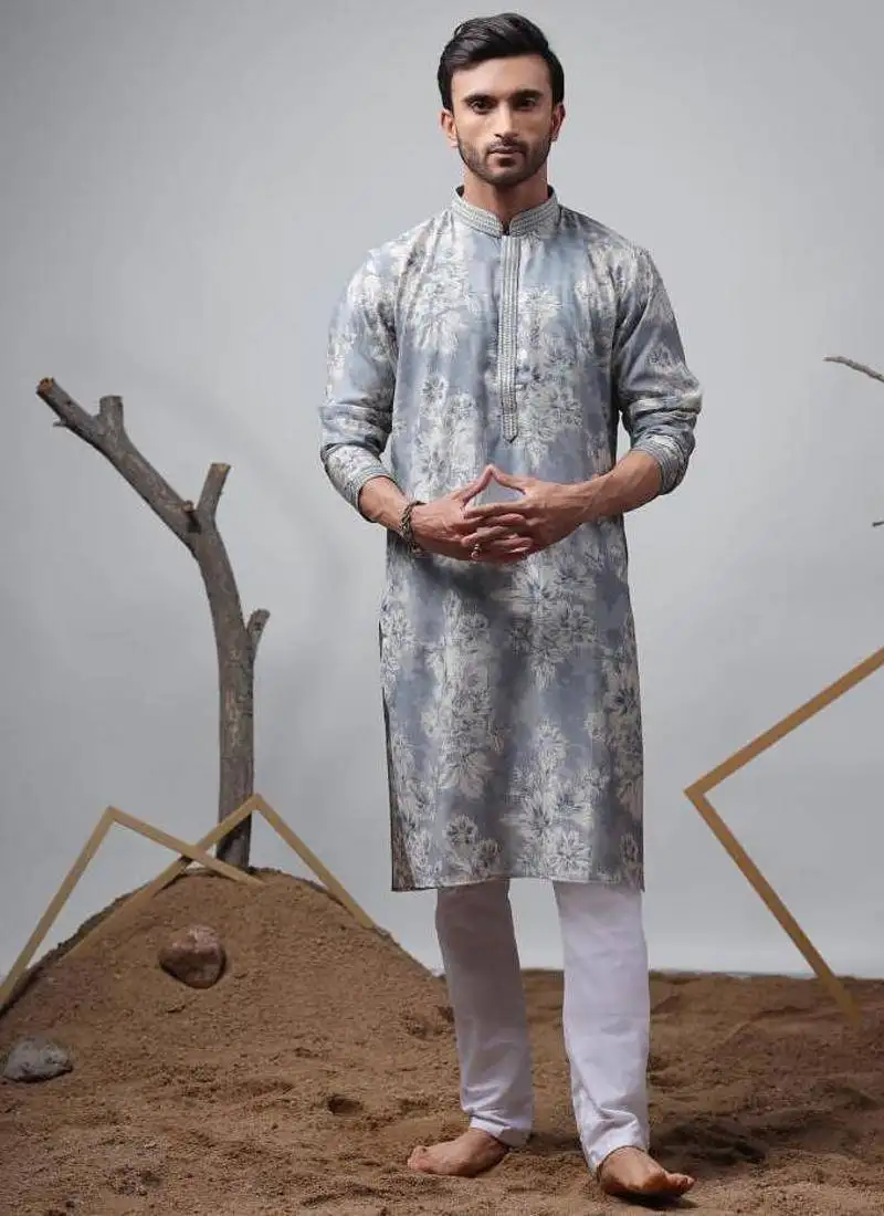 Blue work modal print kurta for festive
