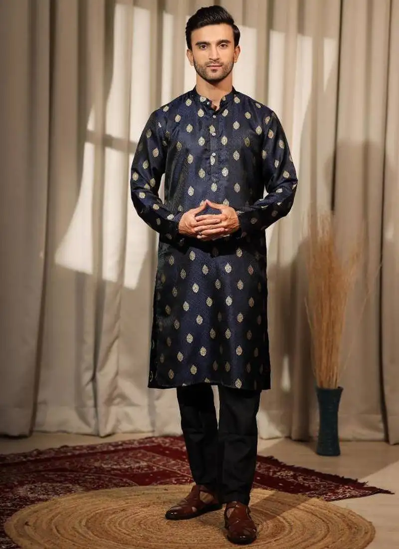 Blue work viscose jacquard embroidered kurta for festive