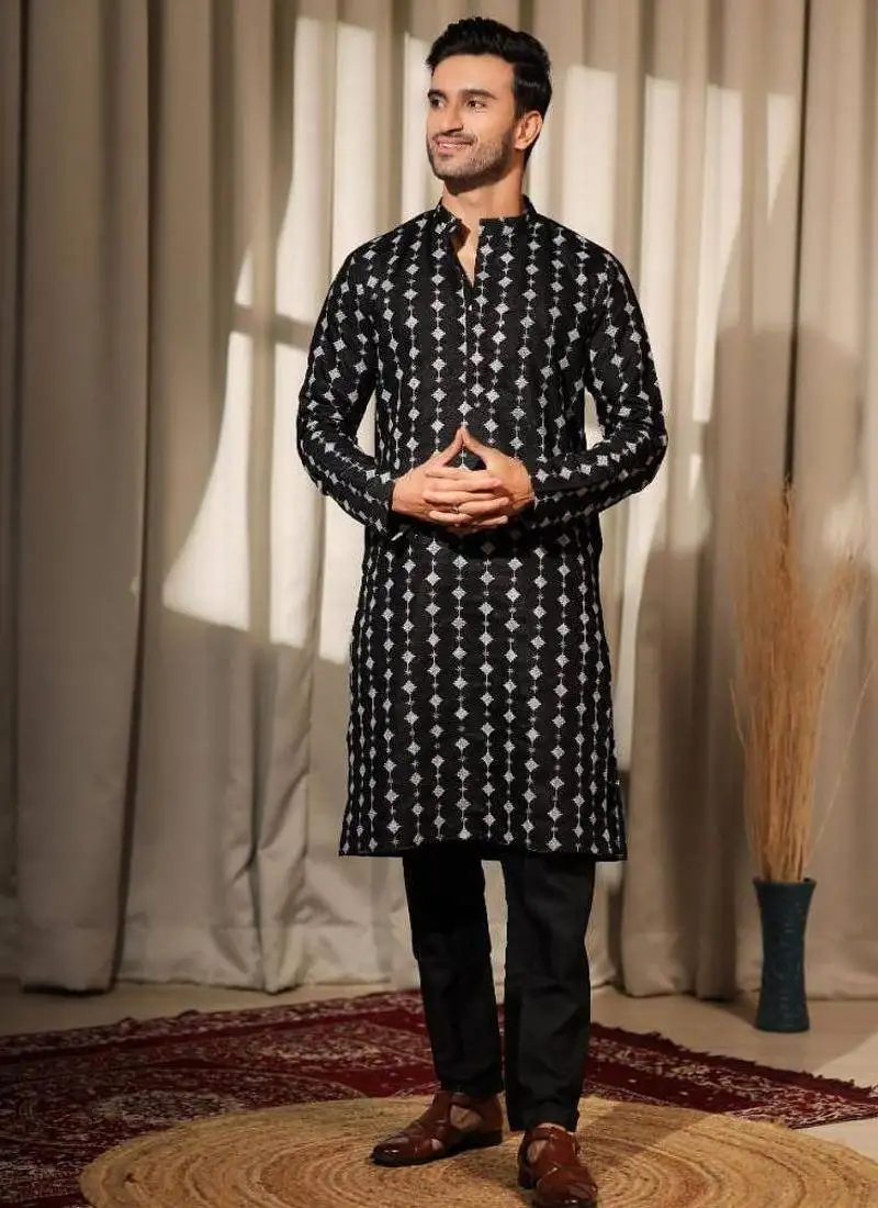 Black work viscose embroidered kurta for mehandi
